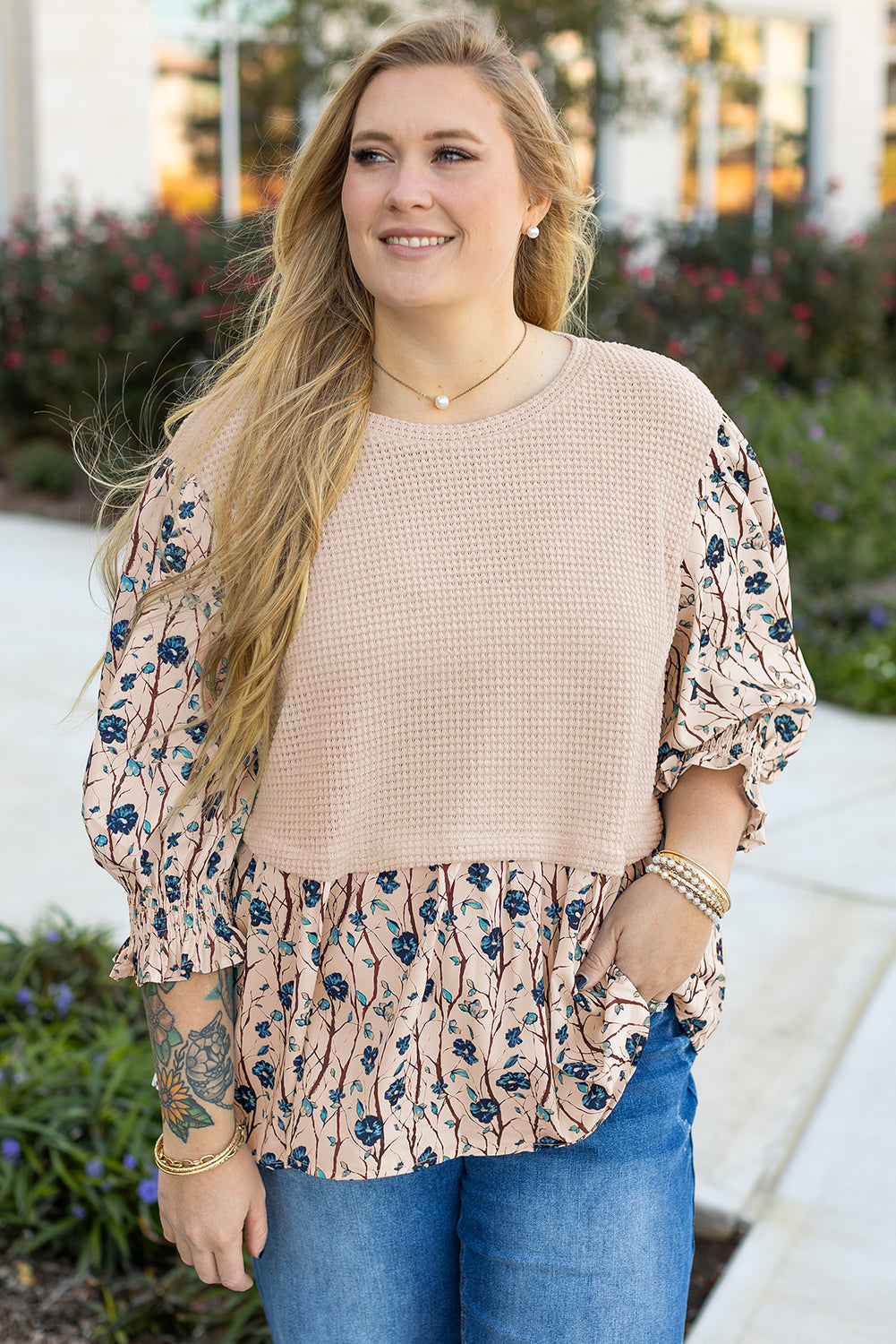 Beige Faux Two Piece Knit Patchwork Floral Print Plus Size Top 🇨🇳