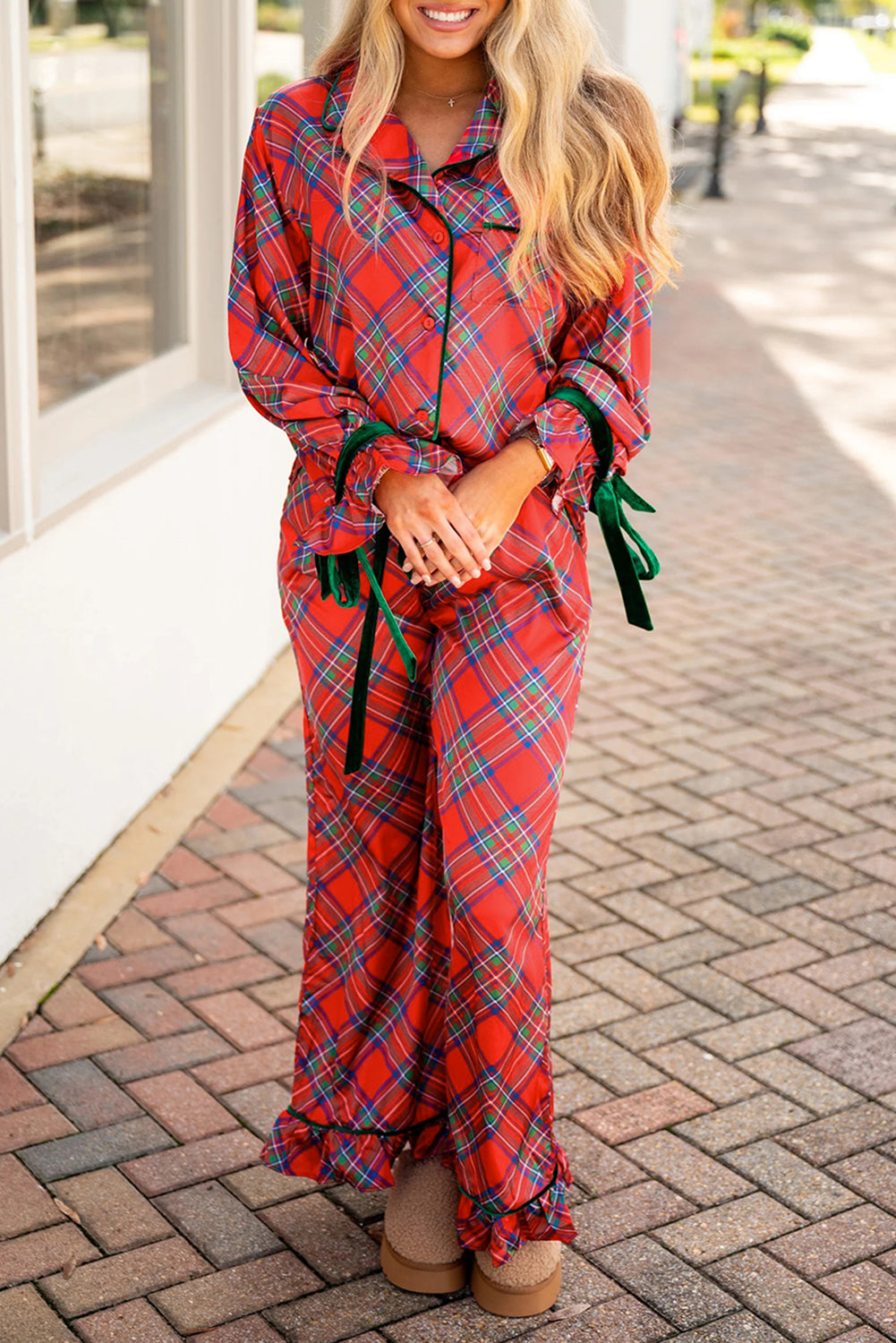 Fiery Red Christmas Plaid Satin Pajama Set with Contrast Velvet Ties 🇺🇸