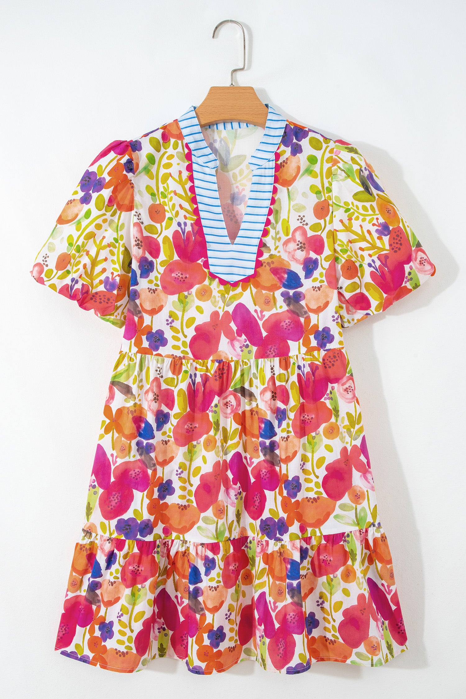 Rose Bright Floral Print Ricrac Trim Striped Patchwork V Neck Dress 🇺🇸