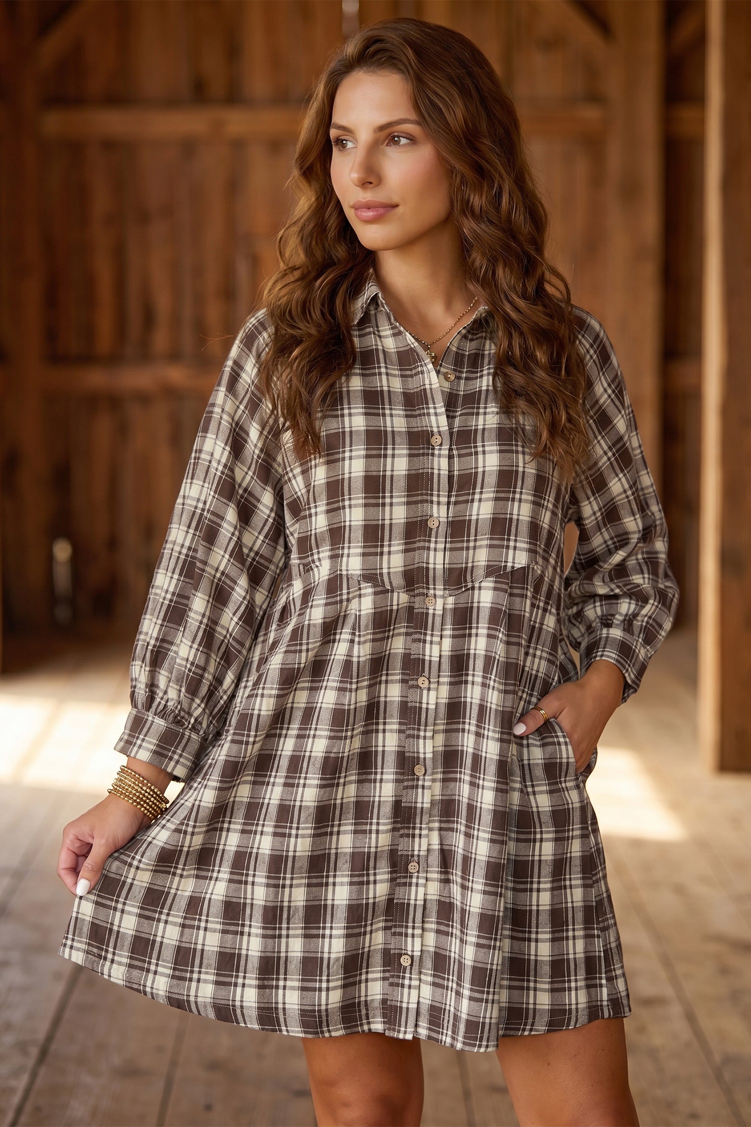Brown Plaid Long Sleeve Short Shift Mini Dress 🇺🇸