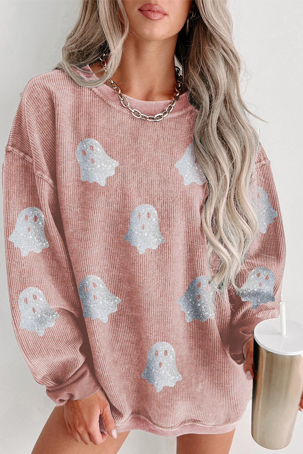 Pink Halloween Ghost Corded Crew Neck Loose Sweatshirt 🇺🇲