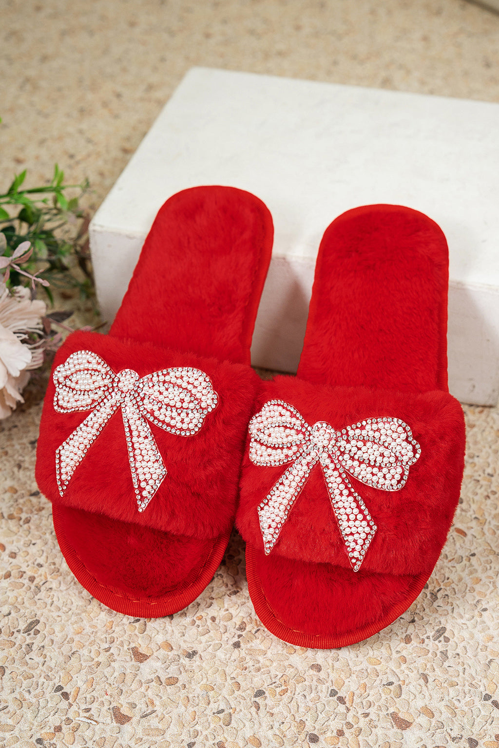 Fiery Red Pearl Rhinestone Embellished Bow Open Toe Plush Slippers 🇺🇸