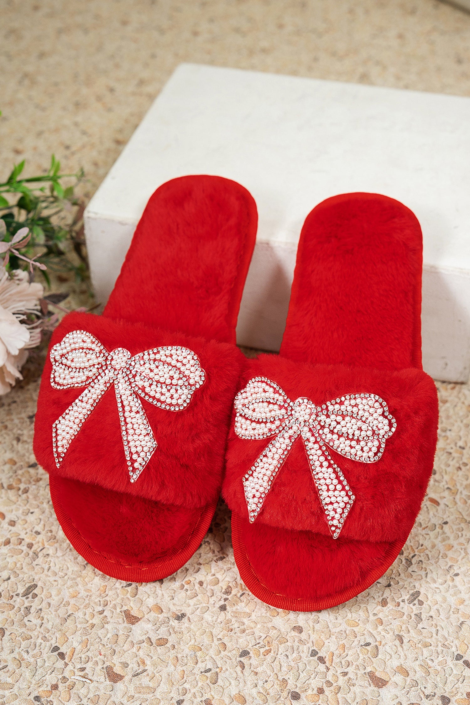 Fiery Red Pearl Rhinestone Embellished Bow Open Toe Plush Slippers 🇺🇸