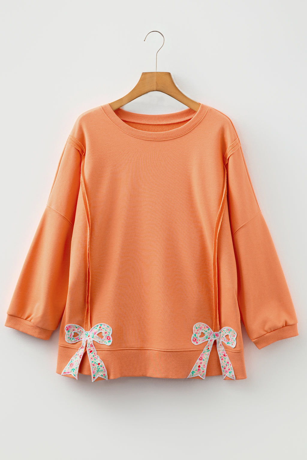 Grapefruit Orange Floral Bow Patched Exposed Seam Patchwork Slit Baggy Sweatshirt 🇺🇸