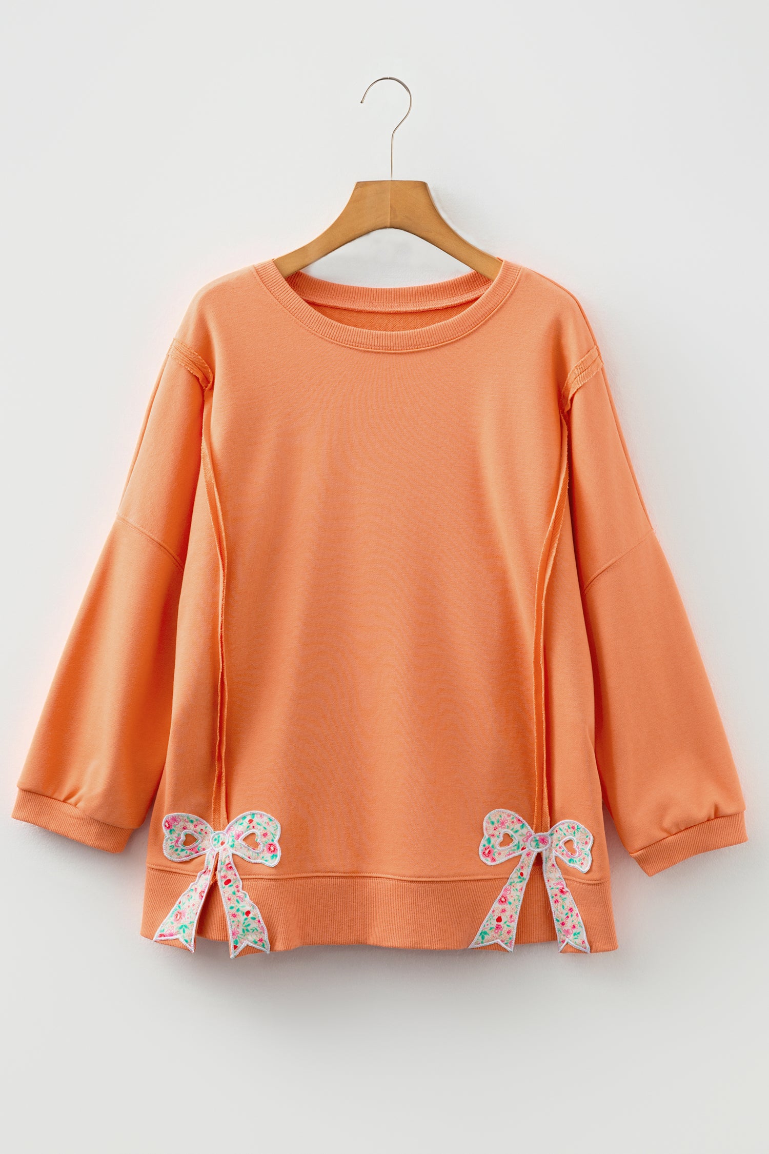 Grapefruit Orange Floral Bow Patched Exposed Seam Patchwork Slit Baggy Sweatshirt 🇺🇸