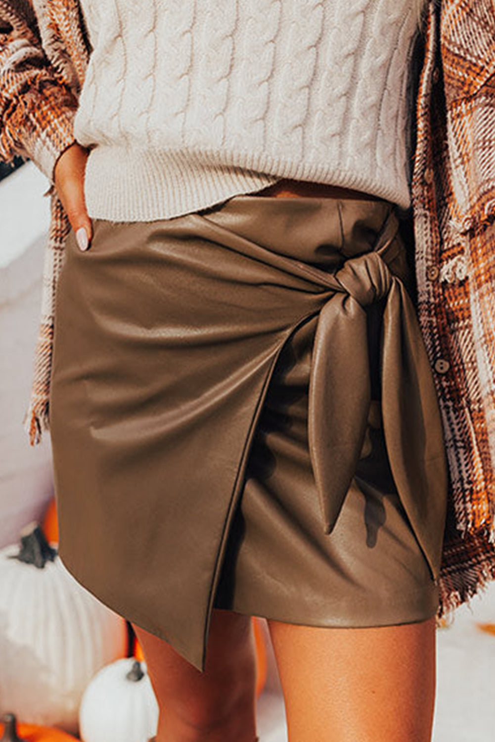 Coffee Bowknot Faux Leather Mini Skirt 🇨🇳