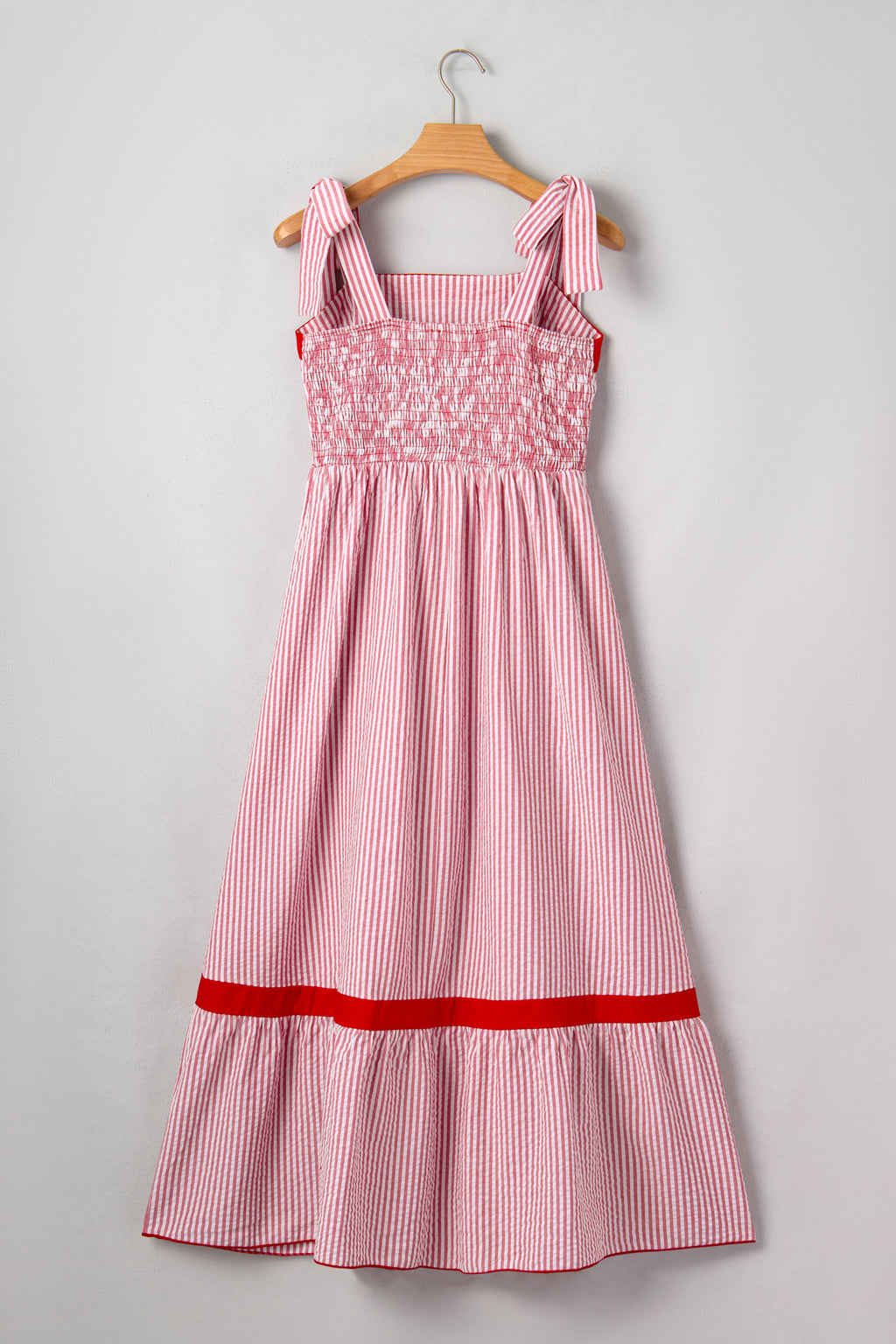 Red Stripe Bow Knot Straps Contrast Trim High Waist Ruffle Hem Maxi Dress 🇺🇸