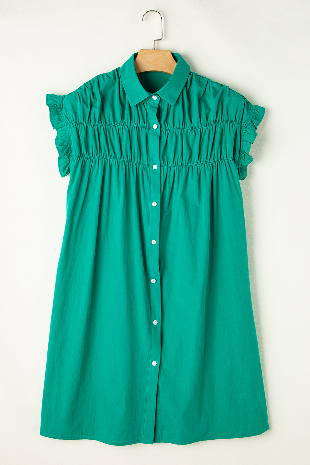 Bright Green Shirred Ruffle Sleeve Button Up Short Dress 🇨🇳