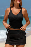Black Ribbed Knit Crossed Detail Tank Skort 2pcs Swimsuit 🇺🇸