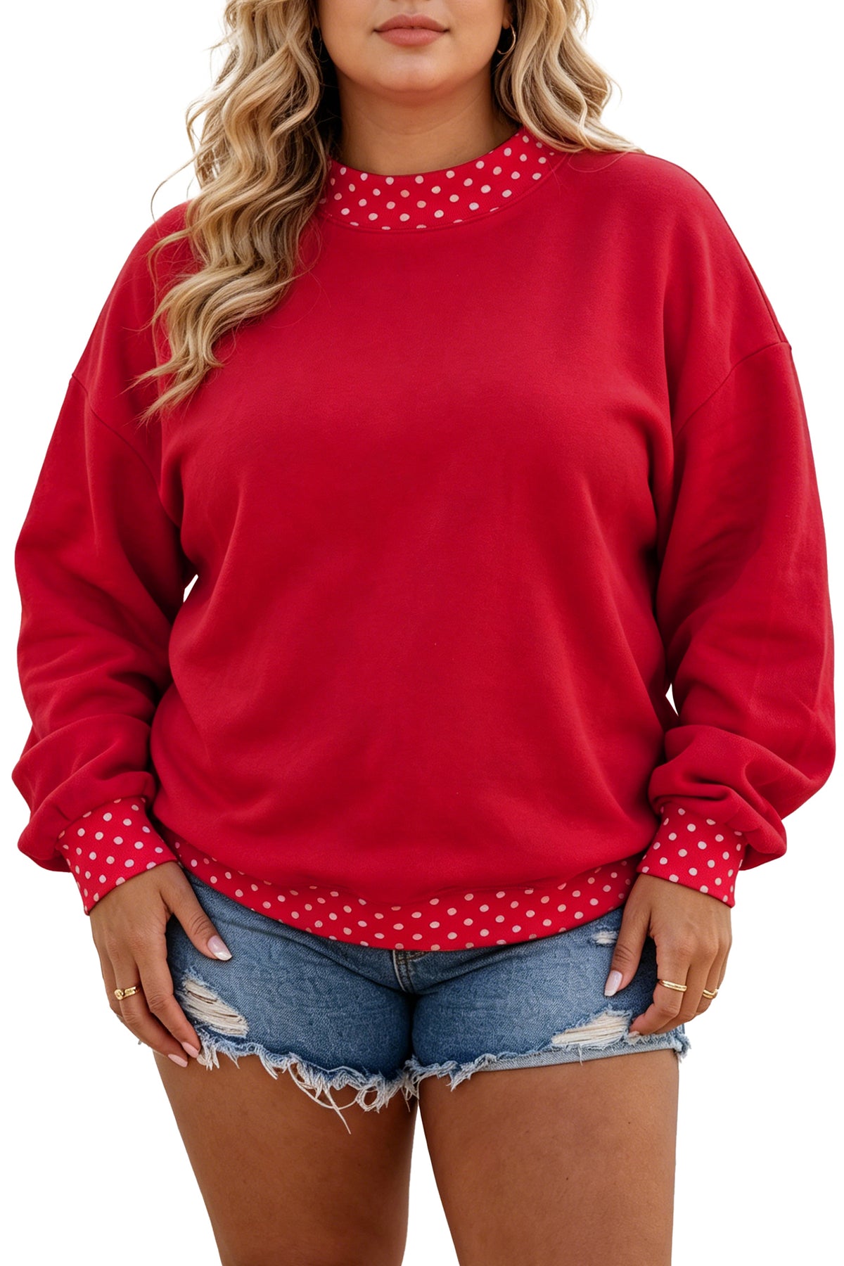 Red Polka Dot Patchwork Round Neck Plus Size Sweatshirt 🇺🇸