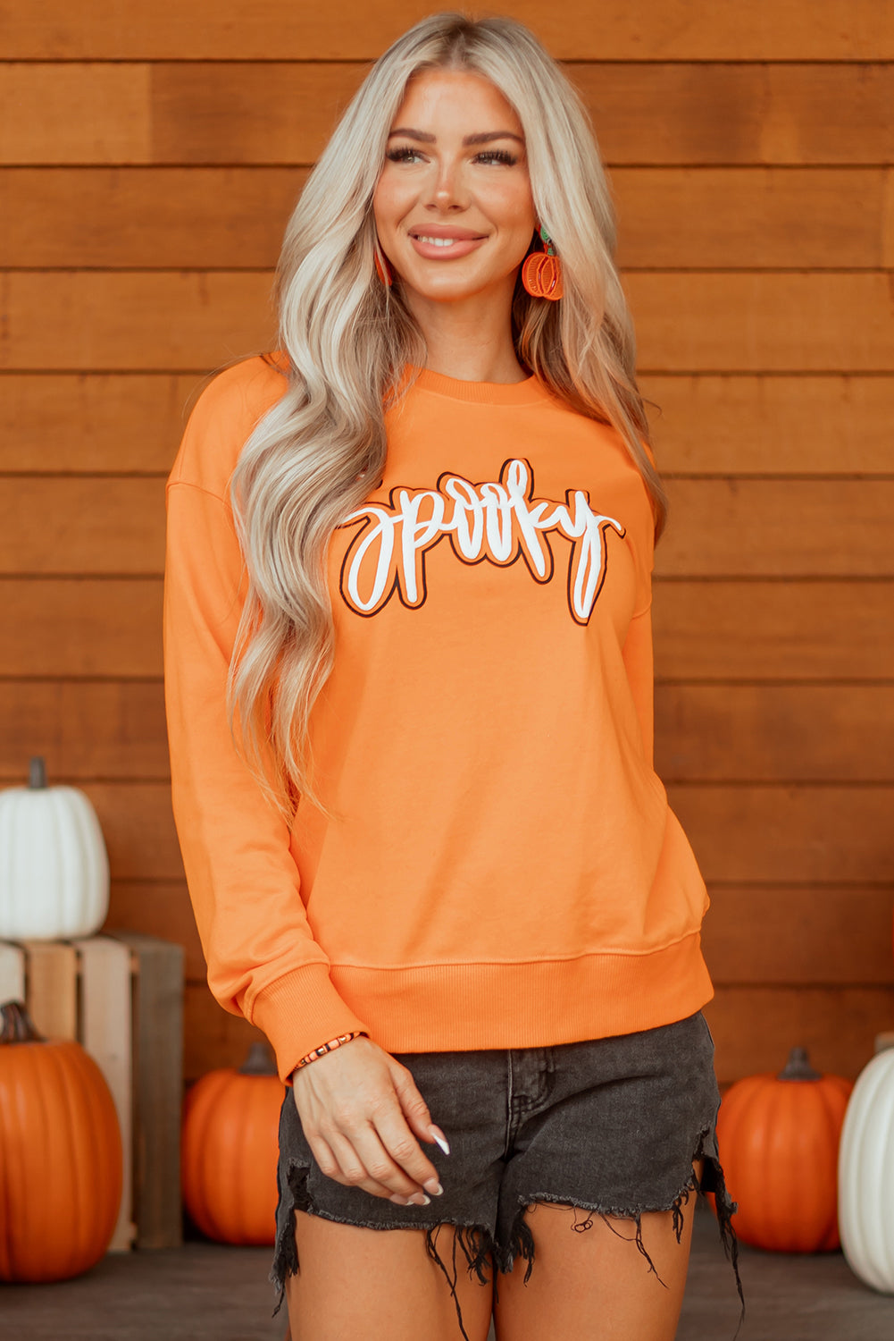 Grapefruit Orange Spooky Graphic Halloween Crew Neck Holiday Sweatshirt 🇺🇸