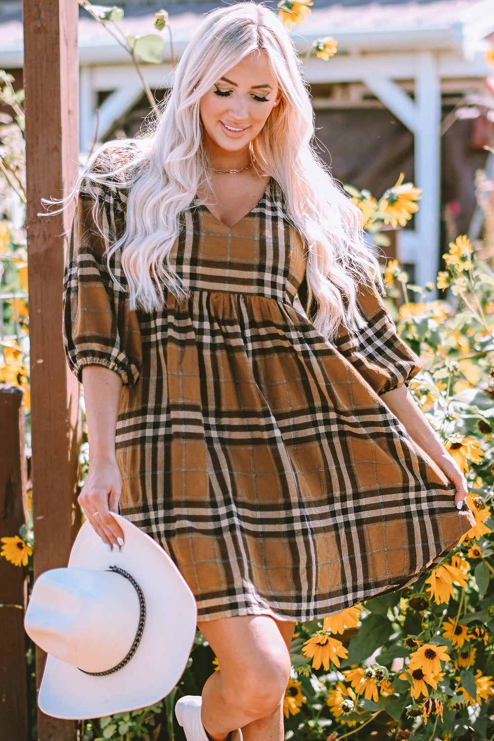 Brown Plaid Pattern Empire Waist Babydoll Dress 🇺🇸