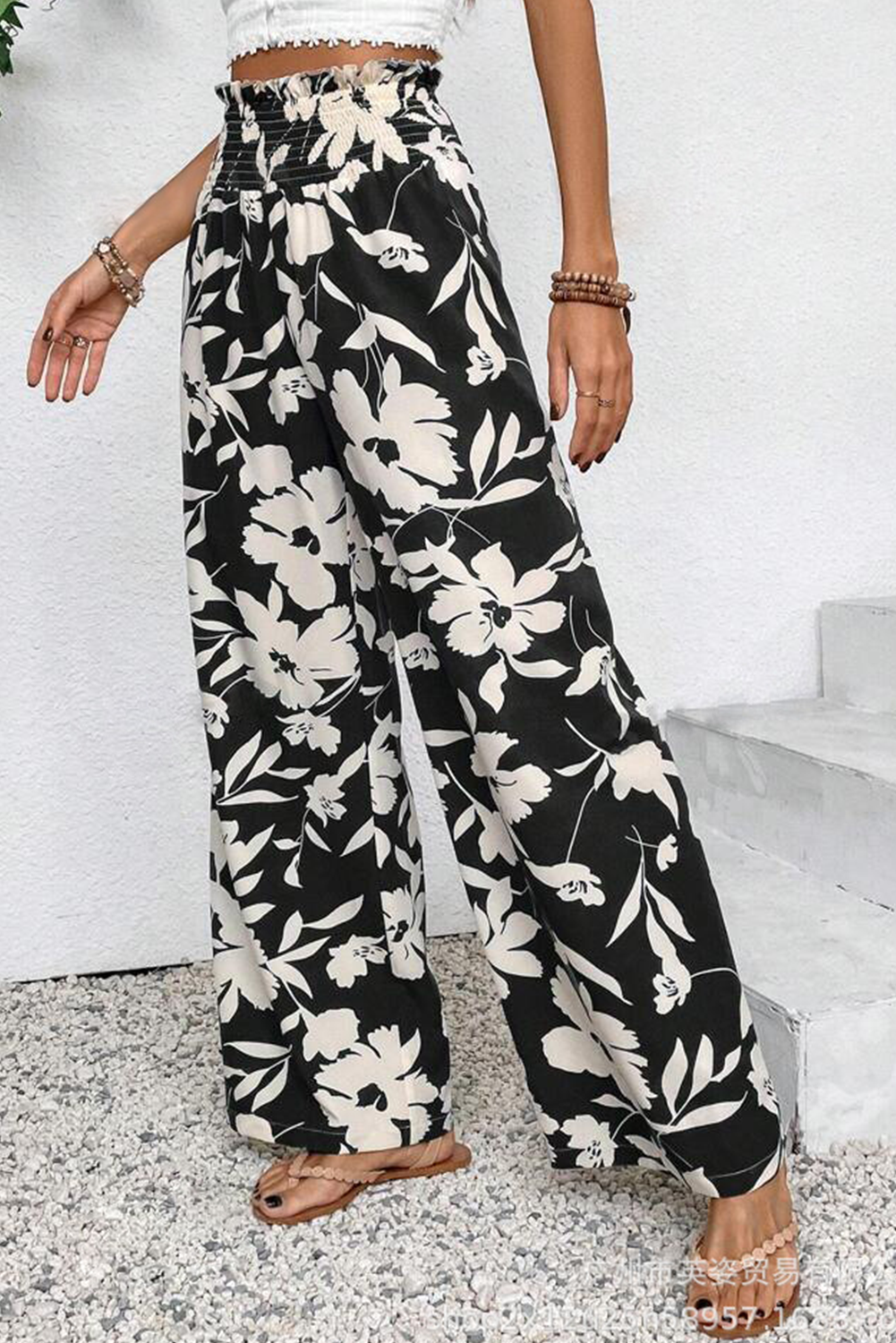 Black Floral Print Smocked High Waist Wide Leg Pants 🇨🇳