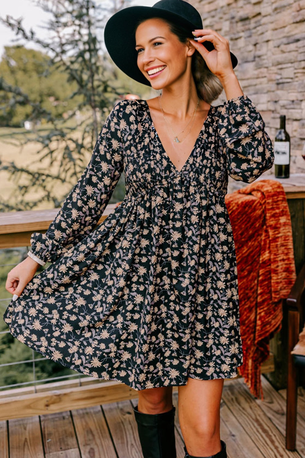 Black Floral Deep V Neck Smocked Bust Bubble Sleeve Babydoll Dress 🇺🇸