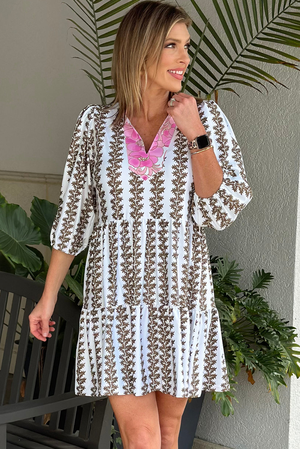 Black Contrast Floral V Neck Printed Bracelet Sleeve Dress 🇨🇳