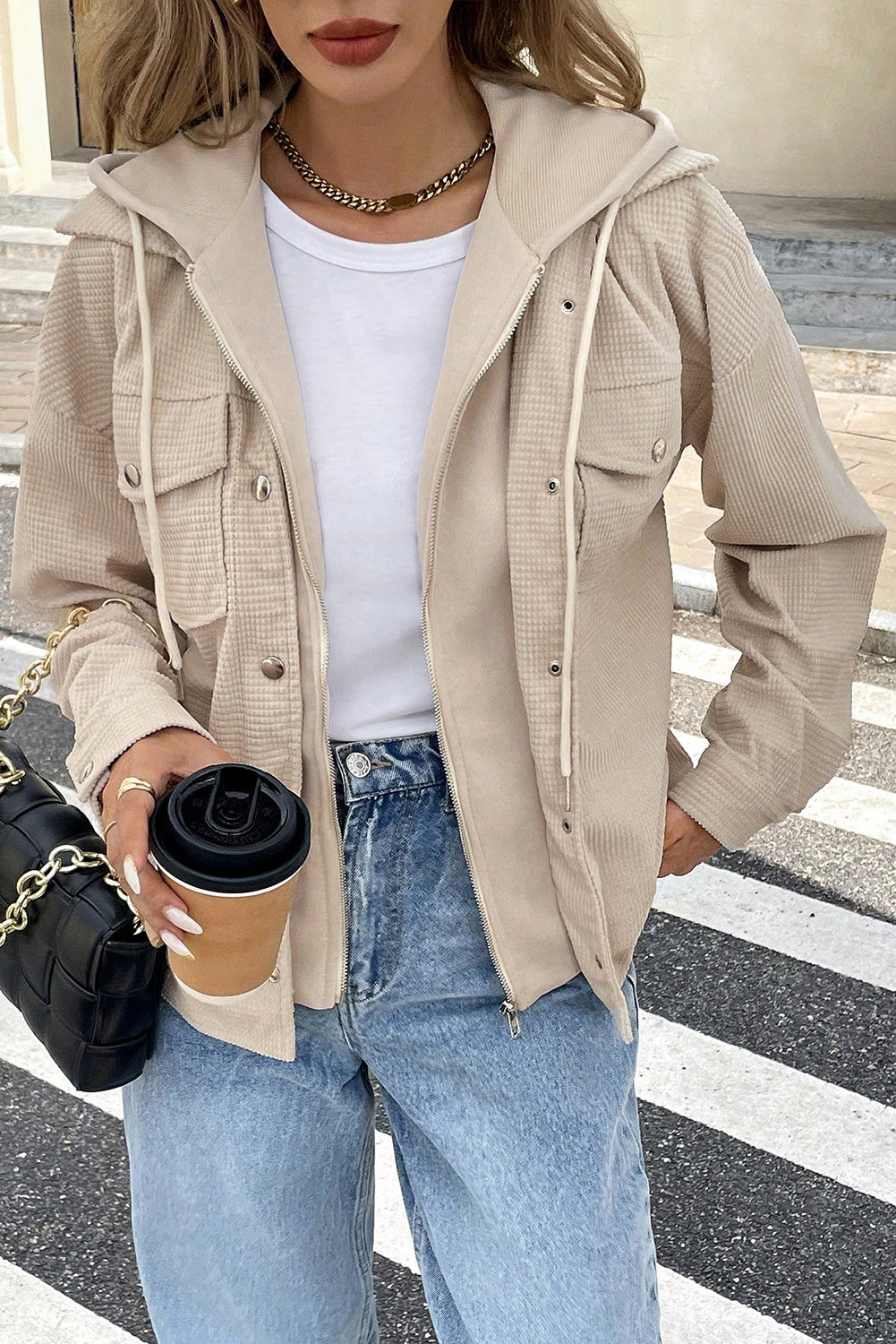 Beige 2 in 1 Thermal Knit Textured Hooded Jacket 🇺🇸