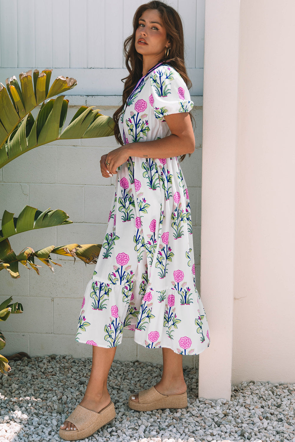 White Floral Puff Short Sleeve V Neck High Waist Maxi Dress 🇨🇳