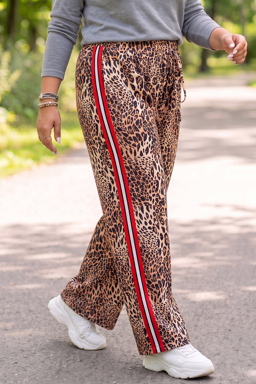 Khaki Leopard Print Colorblock Side Stripes Wide Leg Full Length Plus Size Pants 🇺🇸