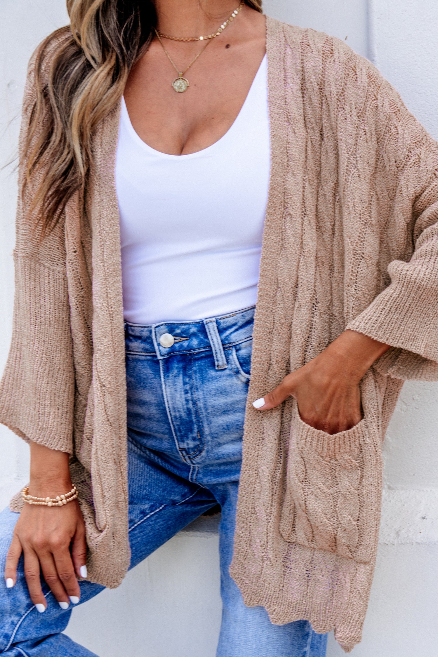 Old Rose Hollowed Pattern Knit Drop Shoulder Open Sweater Cardigan 🇺🇸