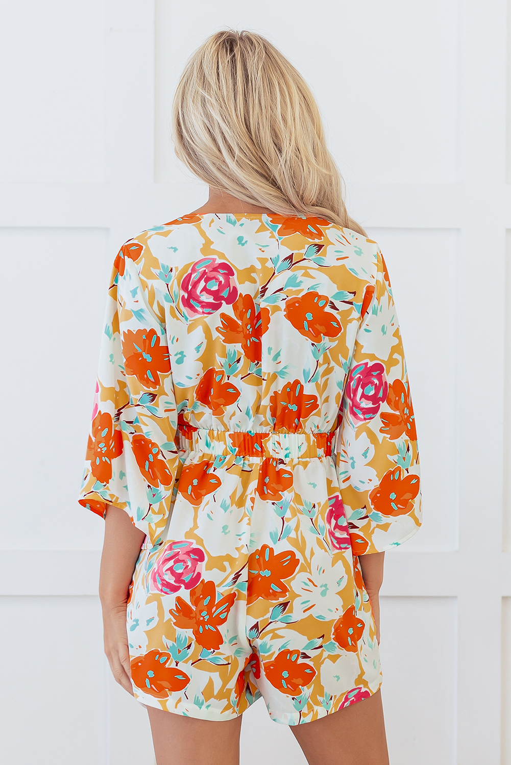Orange Blooming Floral Print Front Tie Romper 🇺🇸