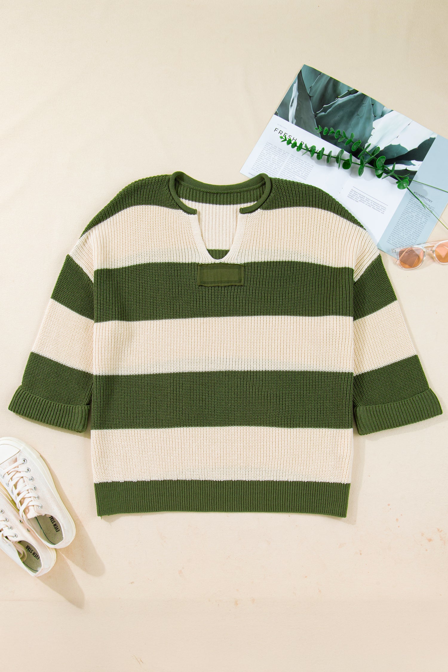 Green Stripe Colorblock Notched Neck Plus Size Sweater 🇺🇸