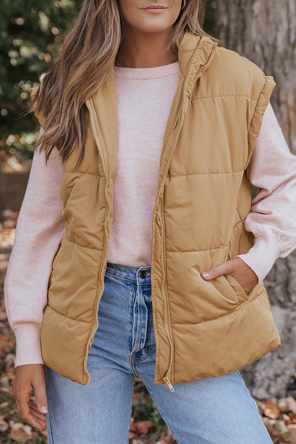 Khaki Oversized Stand Collar Zip Winter Vest 🇺🇸