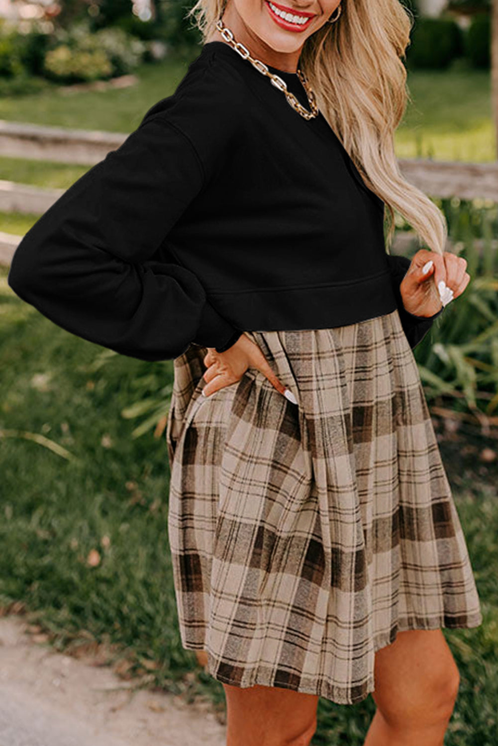 Beige Plaid Patchwork High Waist Sweatshirt Mini Dress 🇺🇸