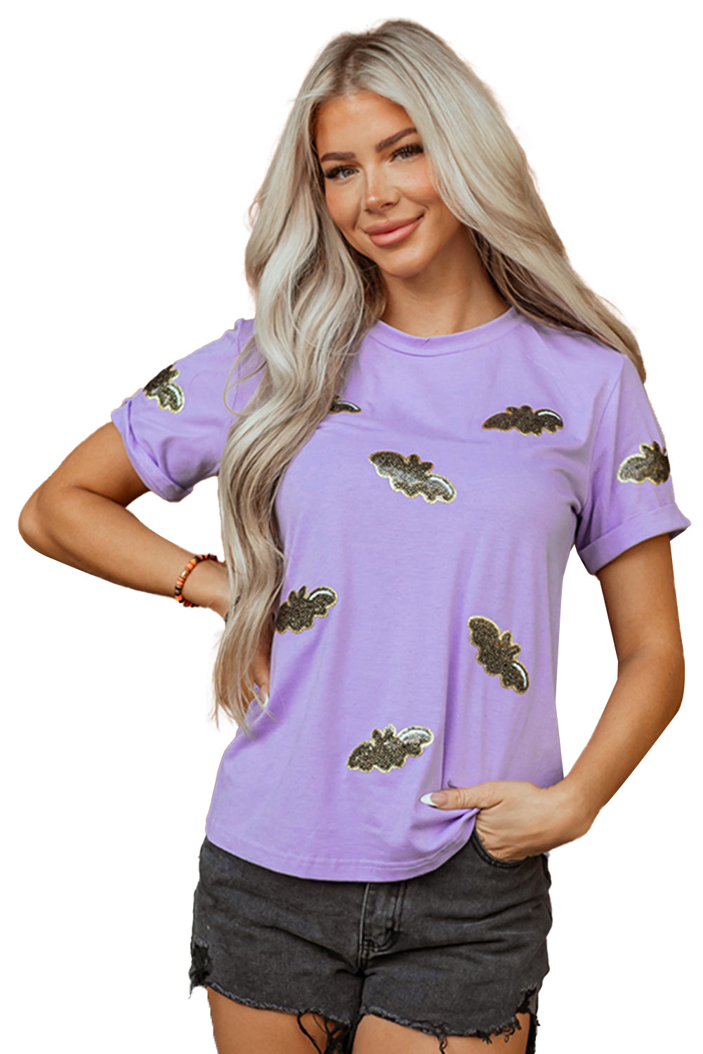 Wisteria Sequin Halloween Bat Patched Casual T Shirt 🇺🇸