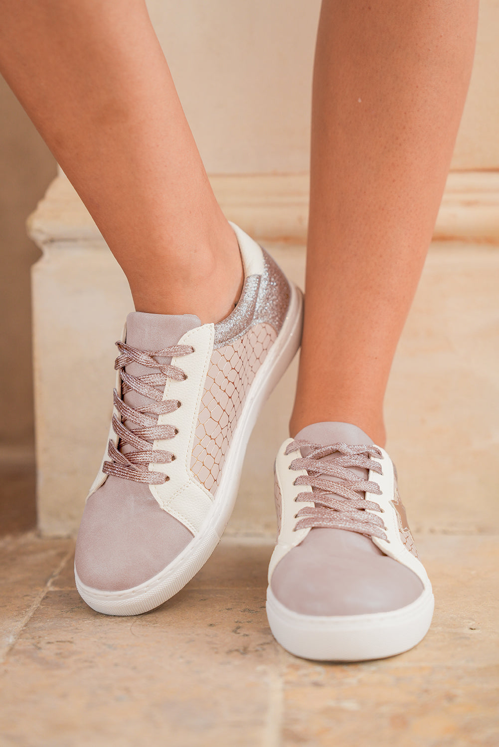 Gold Glitter Star Patchwork PU Leather Lace-up Sneakers 🇺🇸