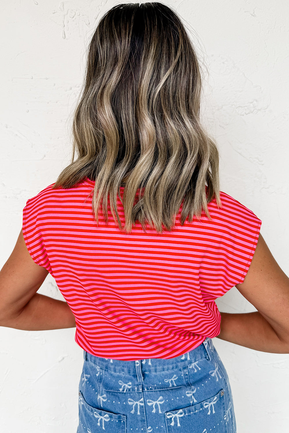 Red Stripe Ribbed Cap Sleeve Round Neck T Shirt 🇨🇳