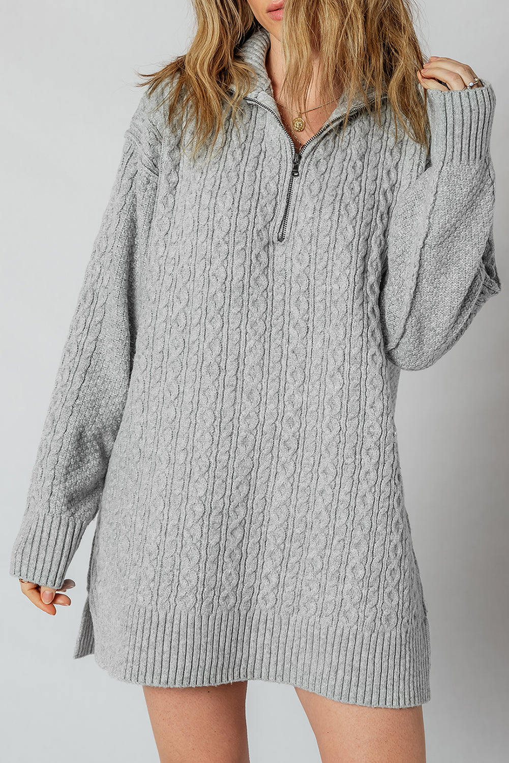 High Cable Knit Quarter Zip Ribbed Trim Loose Sweater Dress 🇺🇸