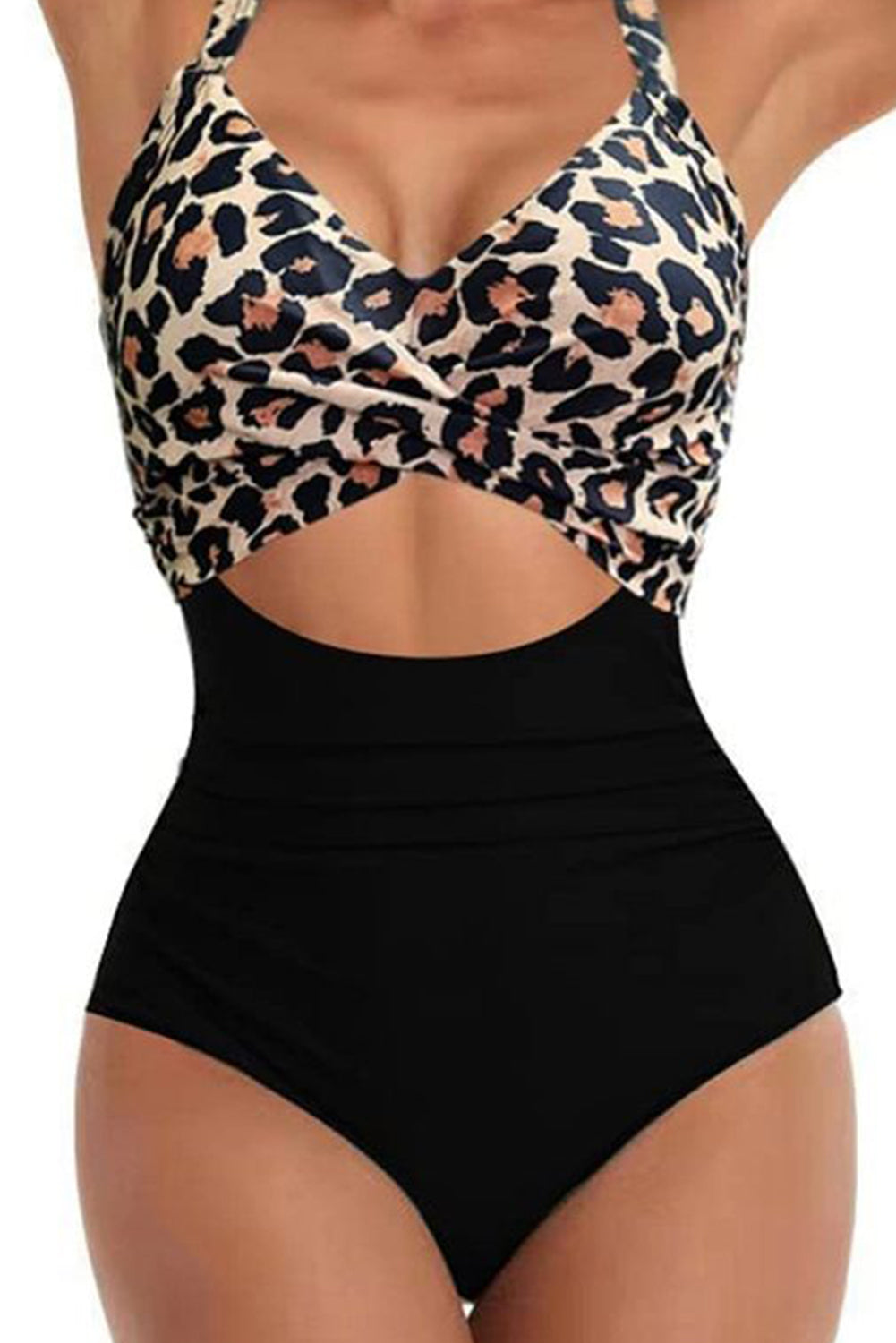 Black Leopard 2-tone Crossed Cutout Backless Monokini 🇺🇸