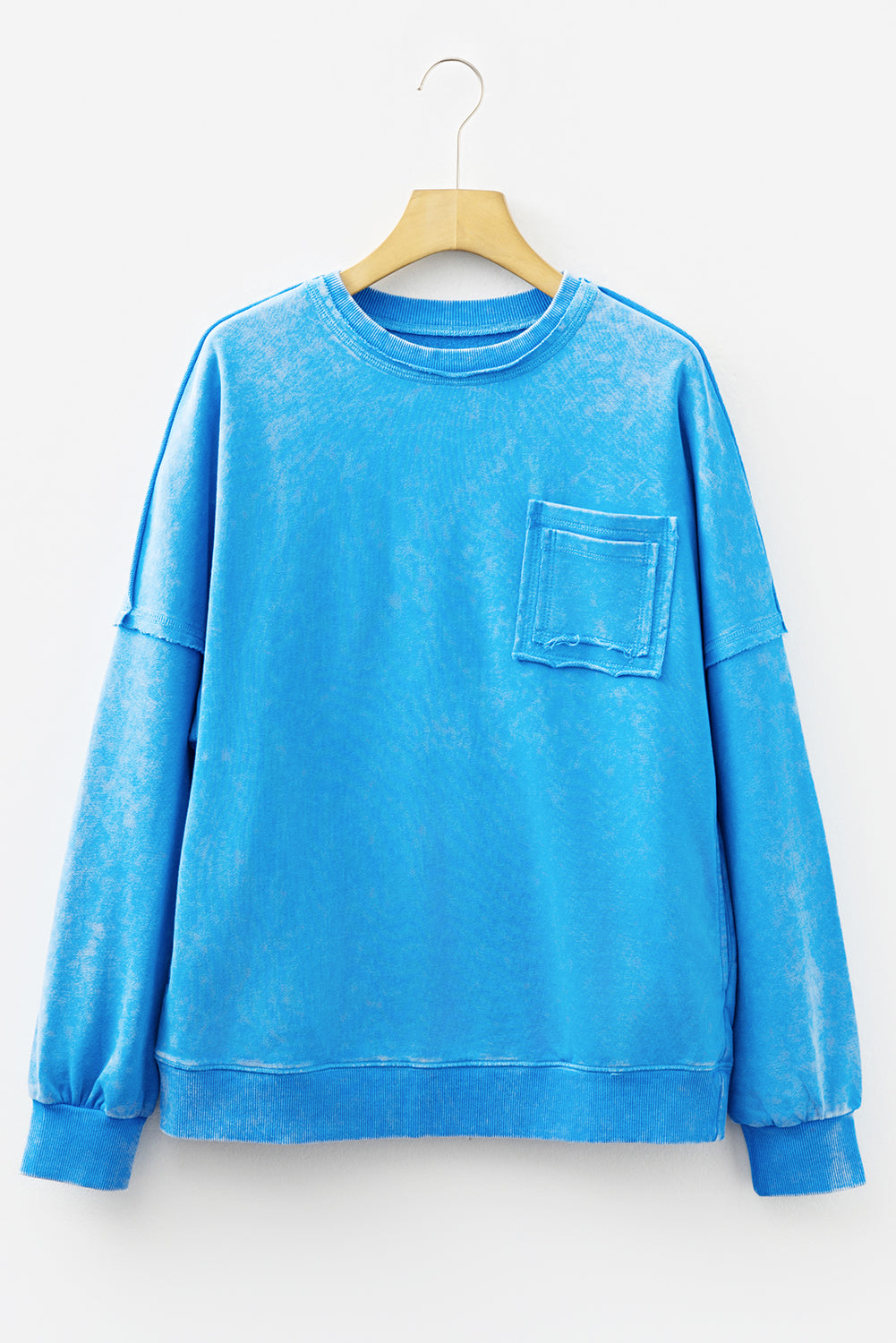 Blue Mineral Wash Raw Seam Double Patched Pocket Pullover Sweatshirt 🇺🇸