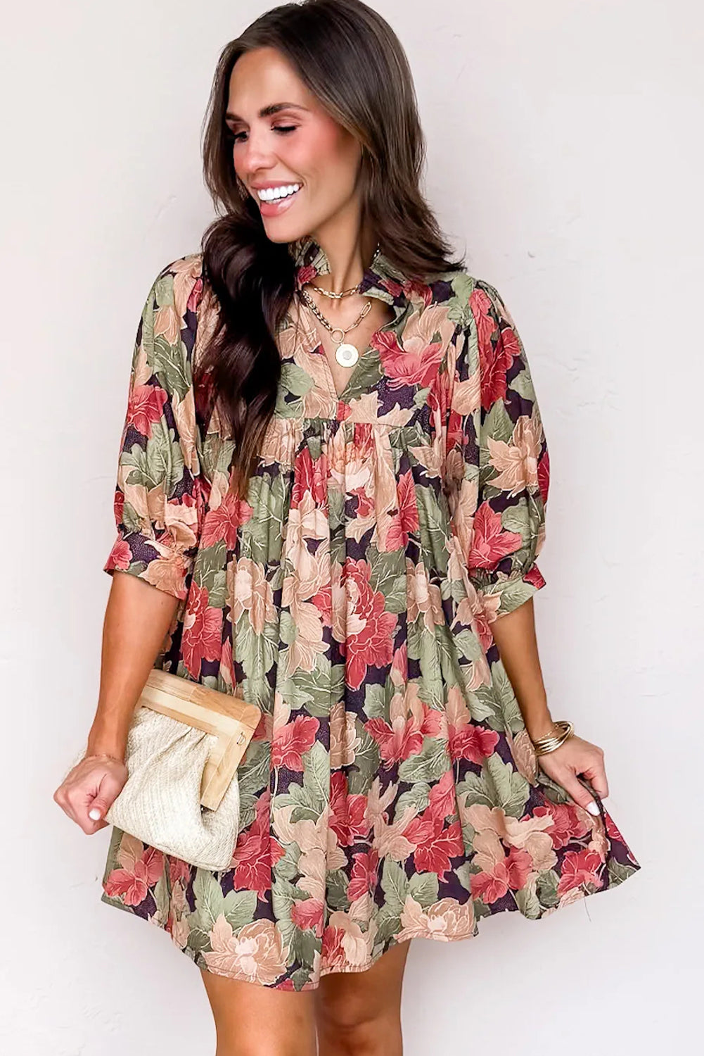 Green Floral Print Frilled Collar V Neck Half Sleeve Mini Dress 🇺🇸