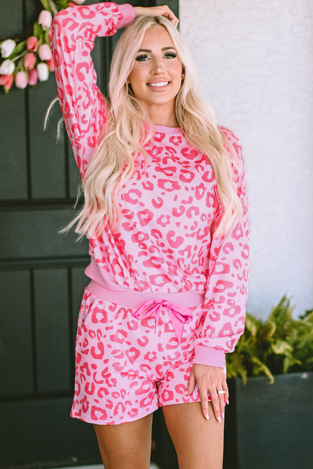 Pink Leopard Long Sleeve Satin Tie Shorts Two Piece Set 🇨🇳