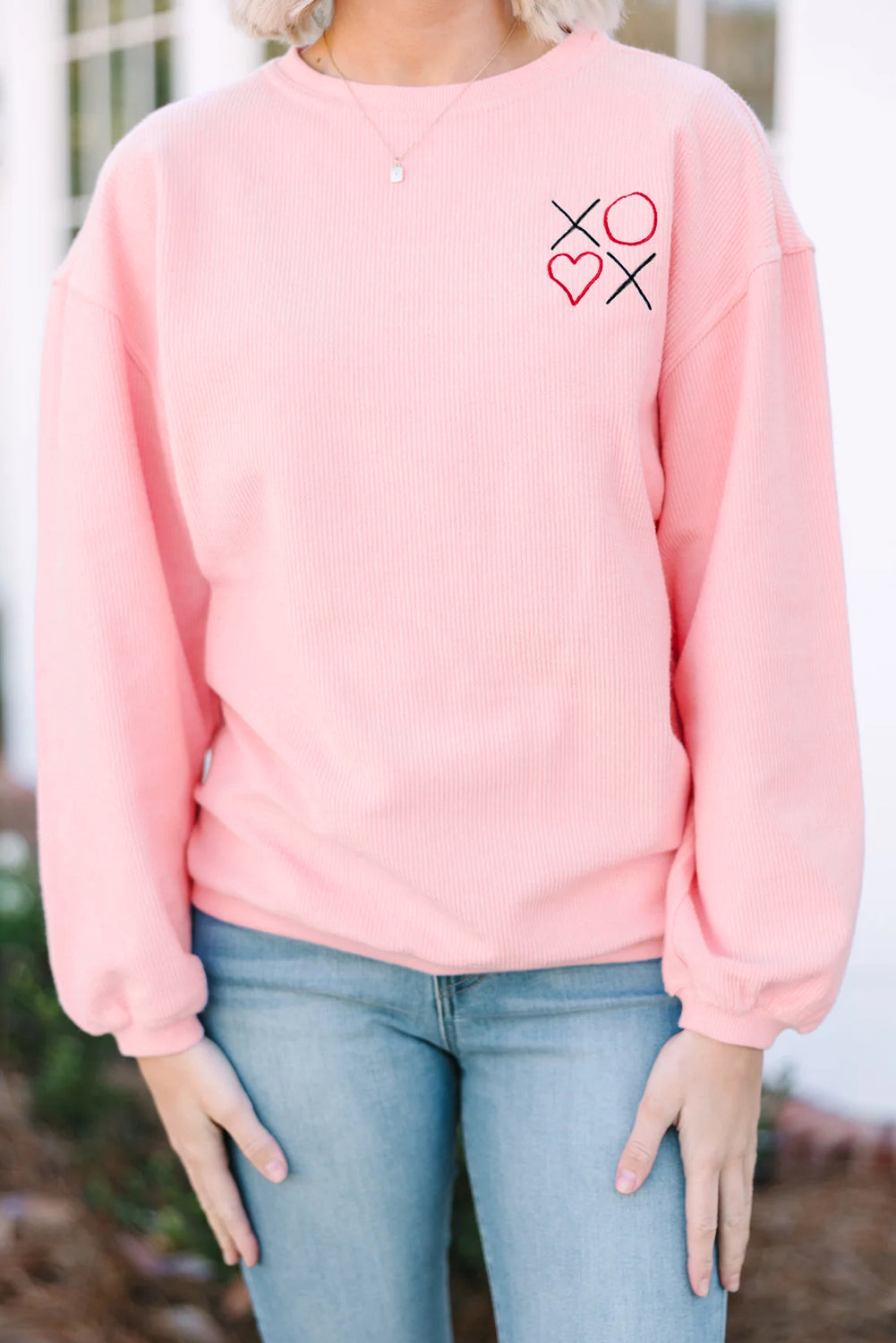 Pink 3d Ribbed XOXO Heart Embroidered Drop Shoulder Sweatshirt 🇺🇸