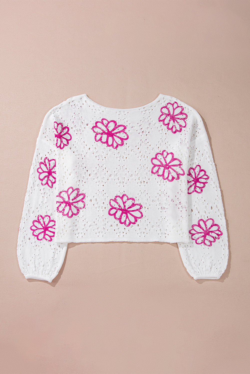 White Contrast Flower Print Eyelet Drop Shoulder Sweater 🇨🇳