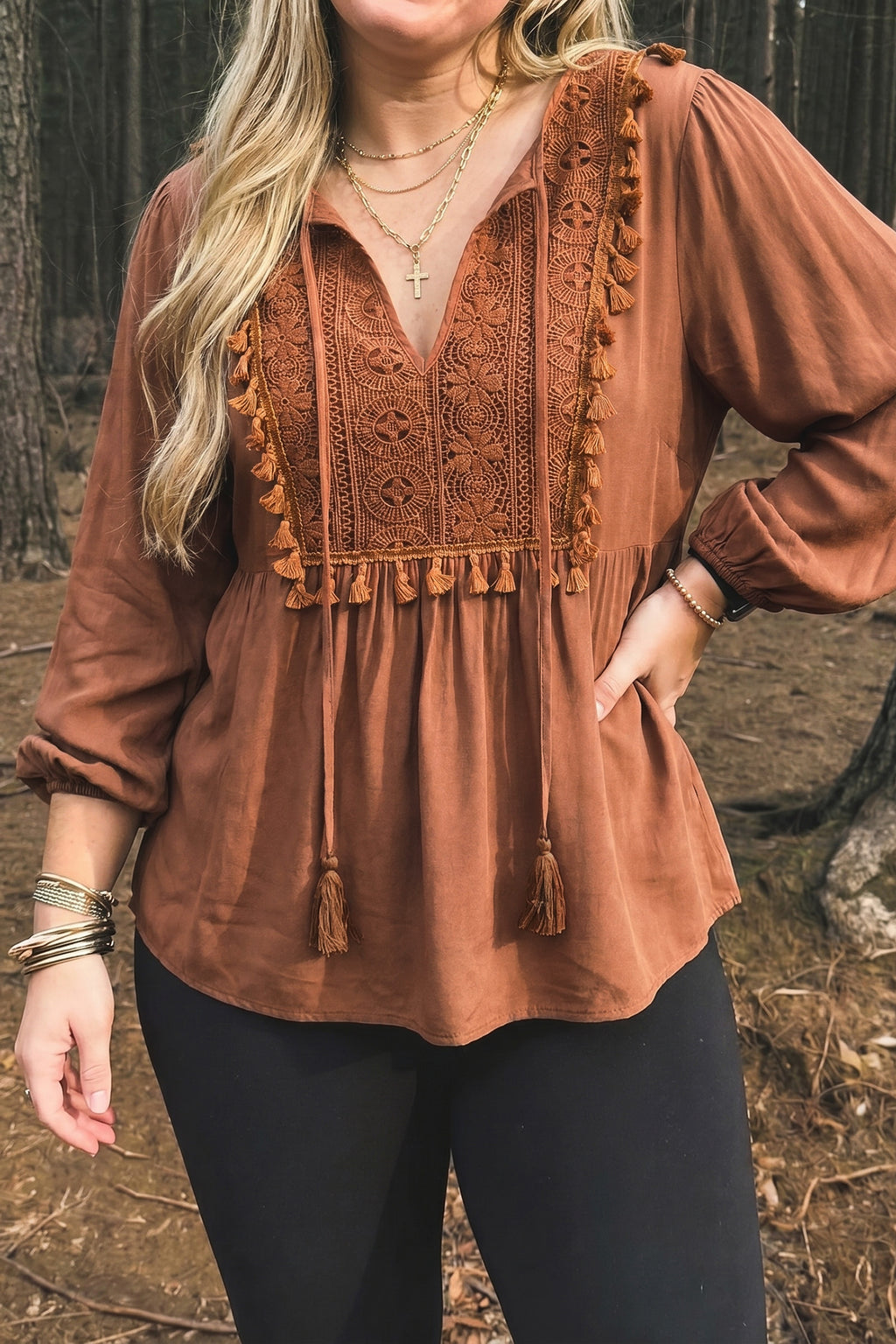 Chestnut Boho V Neck Embroidered Tassel Long Sleeve Plus Size Blouse 🇺🇸
