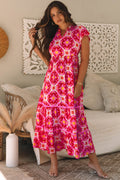 Strawberry Pink Geo Print V-neck Maxi Dress 🇺🇸