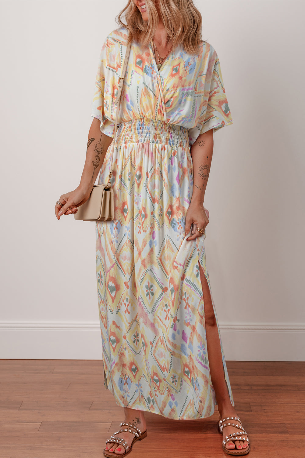 Multicolour Geometric Print Half Sleeve Shirred High Waist Maxi Dress 🇺🇸