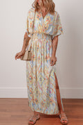 Multicolour Geometric Print Half Sleeve Shirred High Waist Maxi Dress 🇺🇸