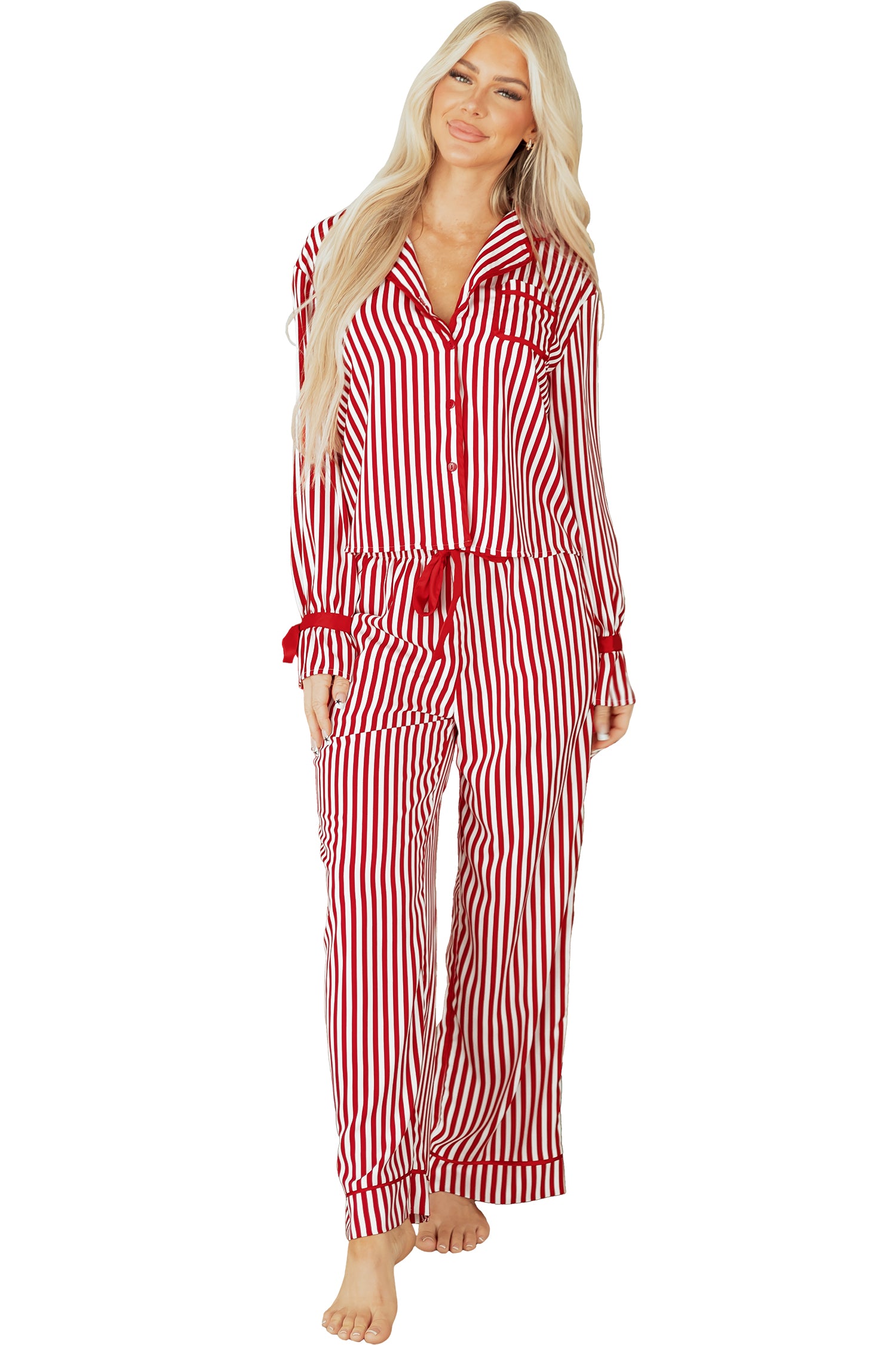 Red Stripe Contrast Velvet Trim Bow Knot Waist 2pcs Pajama Set 🇺🇸