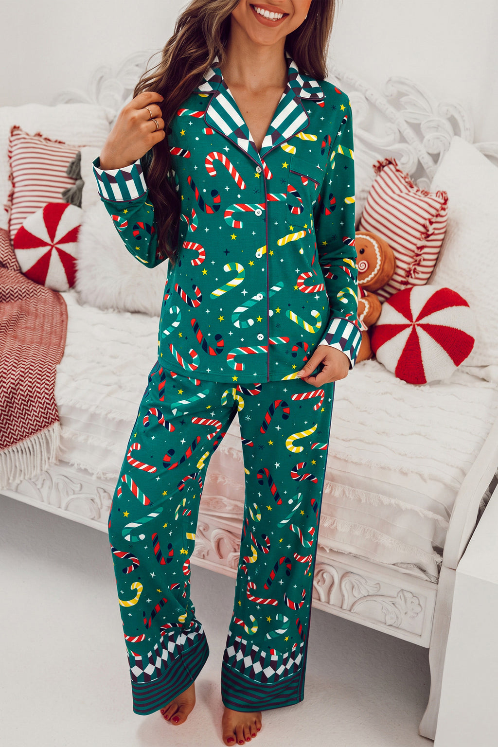 Green Abstract Candy Cane Print Long Sleeve Two Piece Lounge Set 🇺🇸