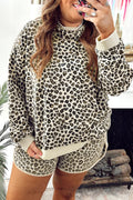 Khaki Plus Size Leopard Loose Pullover Casual Shorts 2pcs Outfit 🇺🇸