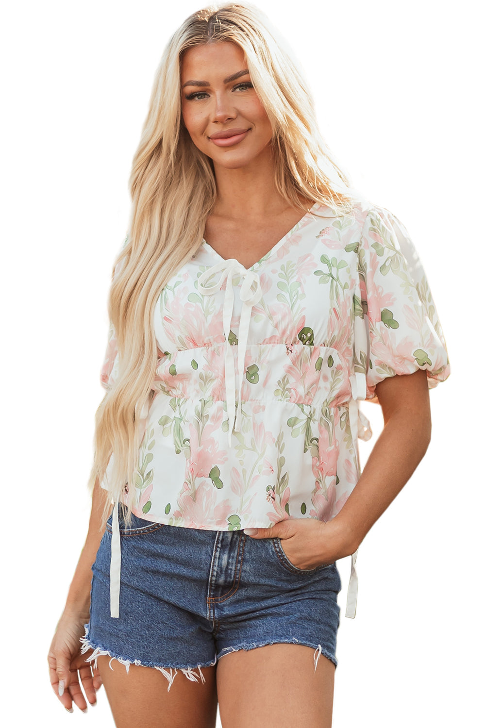 Pink Floral Puff Sleeve V Neck Tied Front Peplum Blouse 🇨🇳