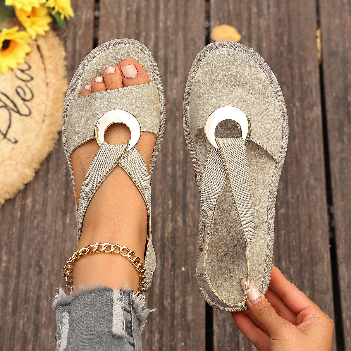Plus-size Fish-mouth Wedge Sandals With A Jute Sole And Elastic Strap 🇨🇳