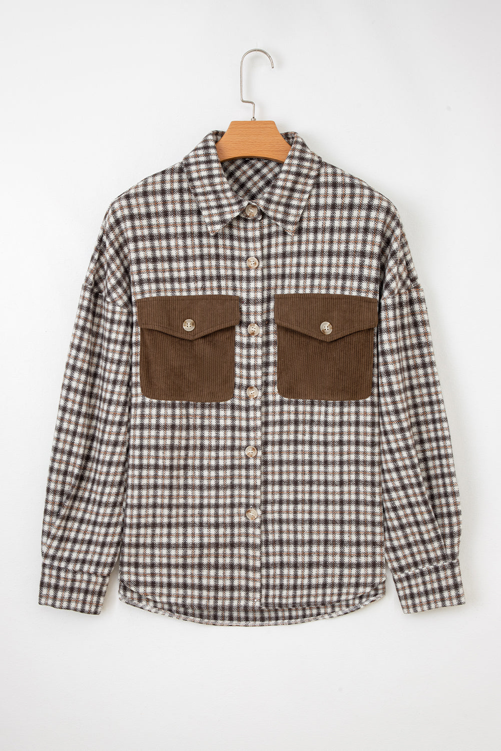 Casual Contrast Corduroy Flap Pocket Patchwork Plaid Shacket 🇺🇸