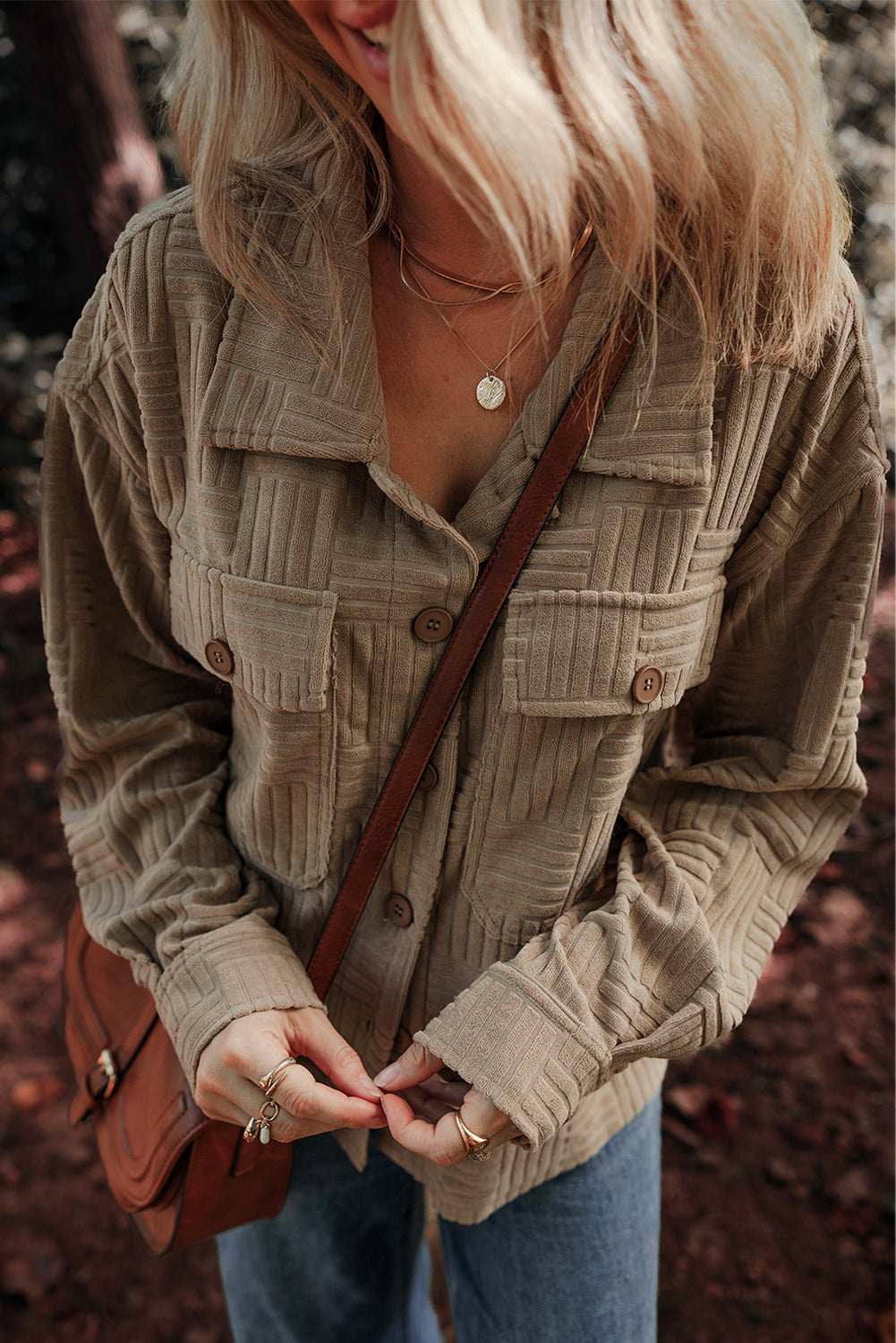 Dark Khaki Textured Chest Pocket Button-up Shacket 🇺🇸