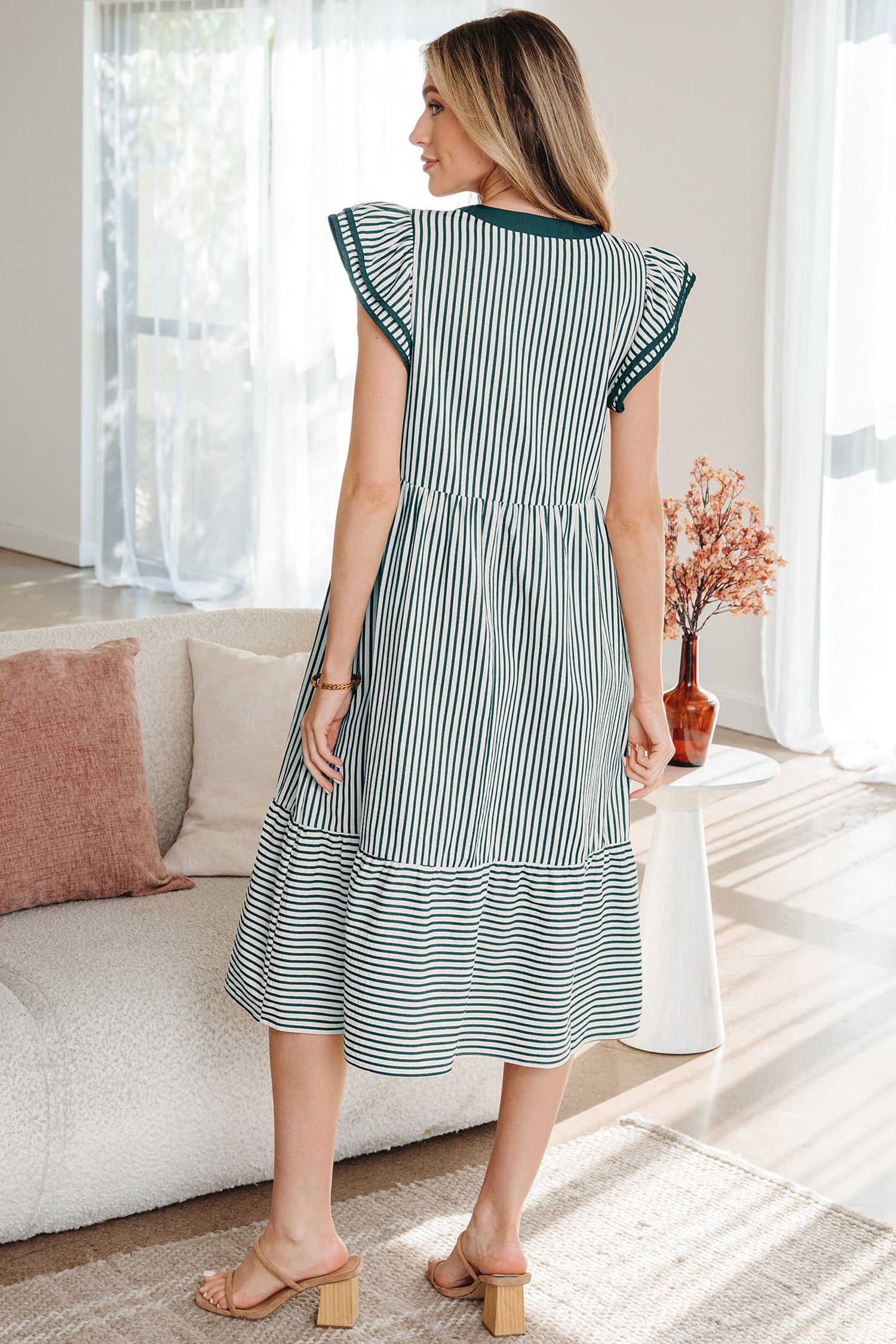 Green Stripe Double Ruffled Short Sleeve Contrast Trim V Neck Midi Dress 🇺🇸