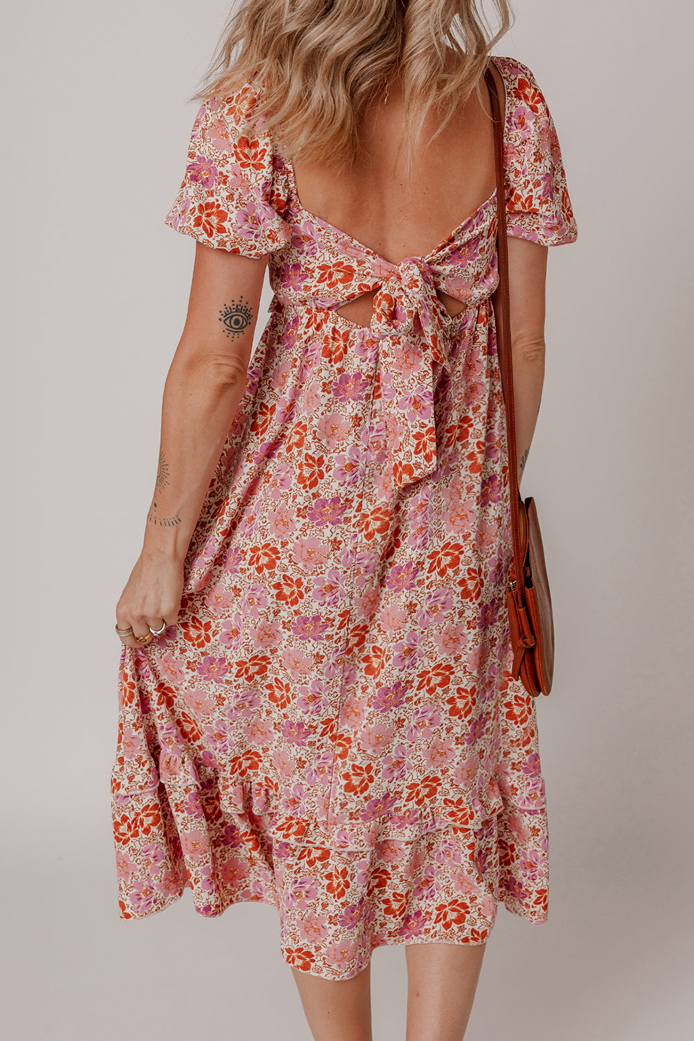 Pink Floral Square Neck Knotted Ruffle Midi Dress 🇨🇳